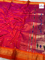 Pink Orange Mix Handloom Pure Silk Double Pallu Paithani Saree — full saree draped and laid flat — Vidhate Paithani, Yeola