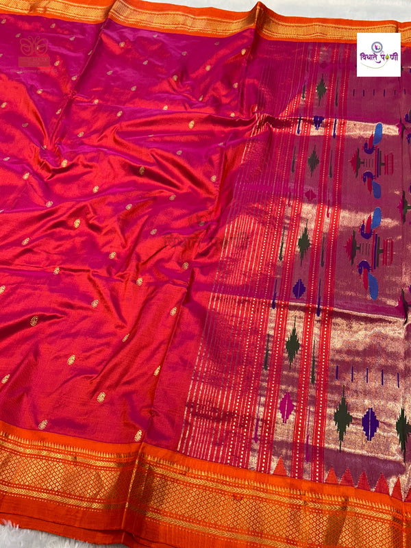 Handloom Pure Silk Double Pallu Paithani Saree - Pink Orange Mix