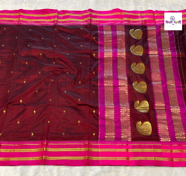 Maroon Narayanpeth single ply pure silk saree with zari buttis and a mango motif pallu