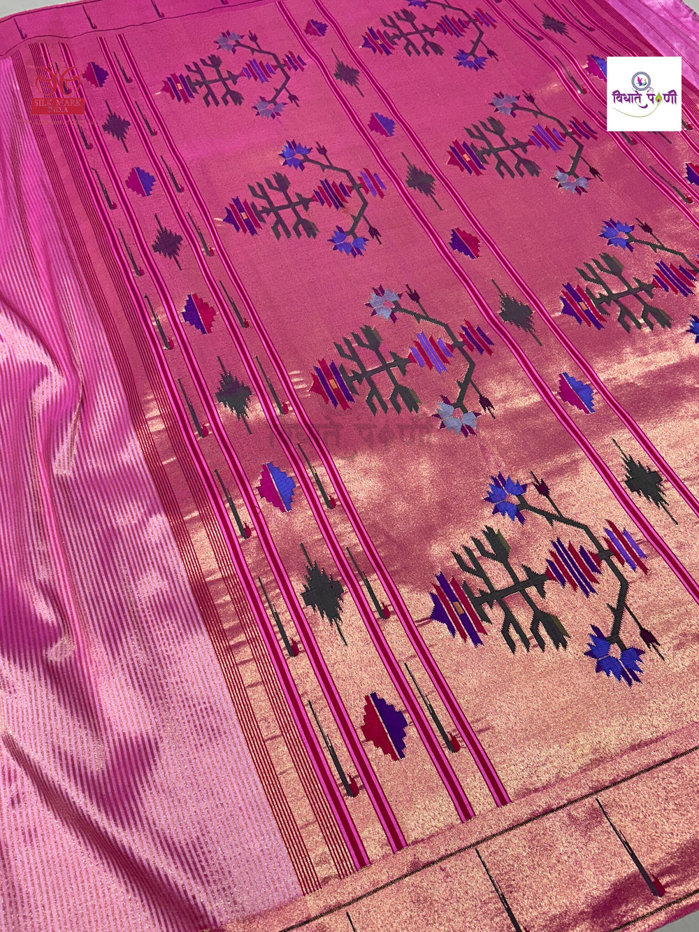 Handloom Pure Silk Single Munia Paithani Saree - Stripes - Pastel Pink