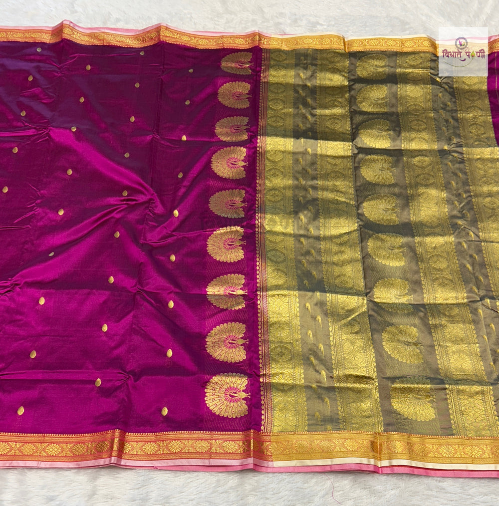 Jijamata Single Ply Pure Silk Saree- Dark Magenta