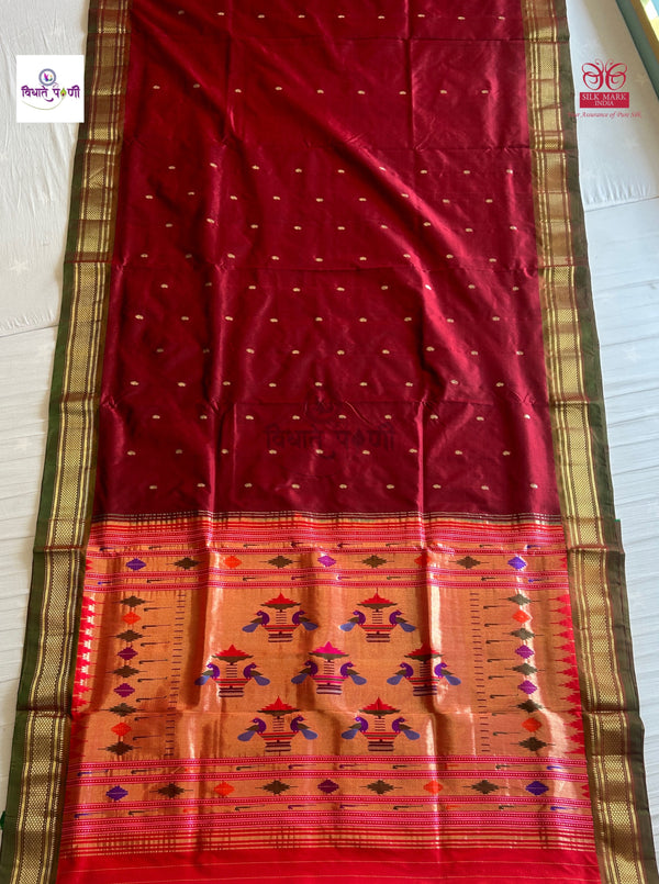 Handloom Pure Silk Double Pallu Paithani Saree - Maroon