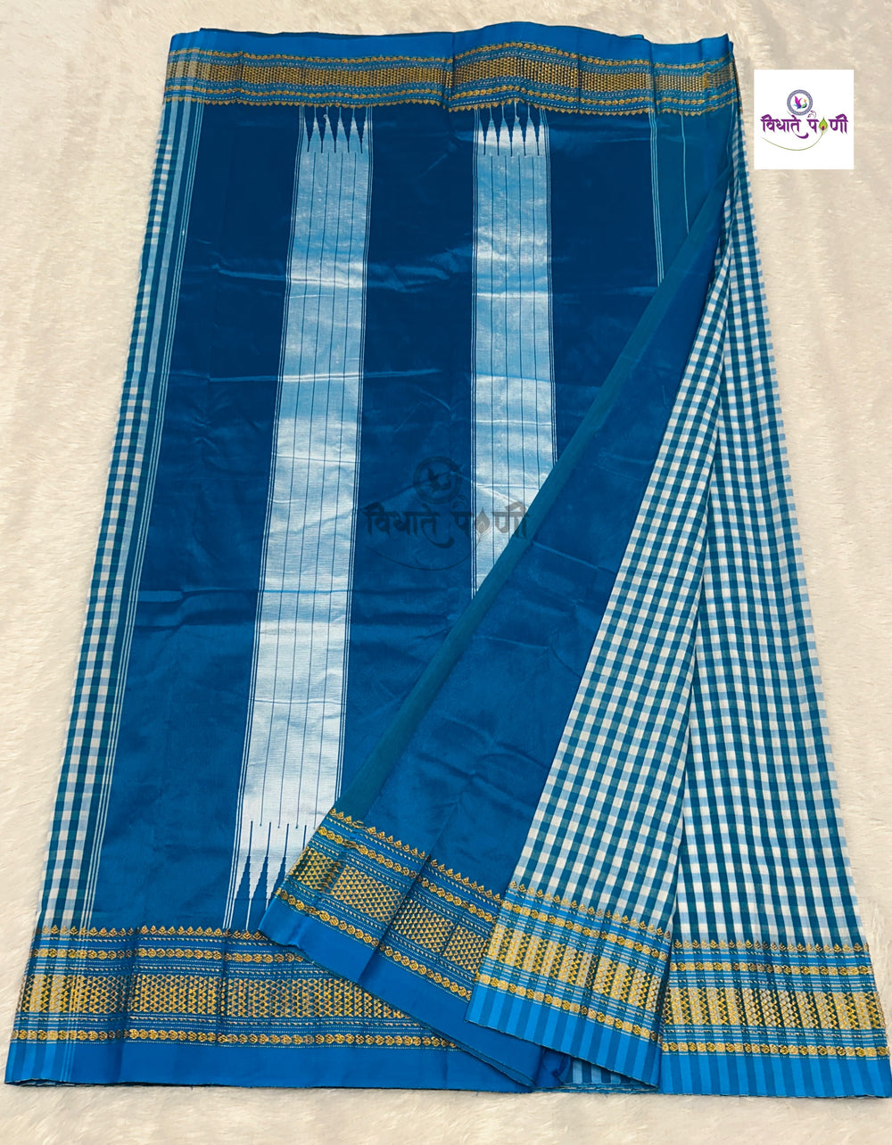 Irkal Art Silk by Cotton Chex Saree- Sky Blue