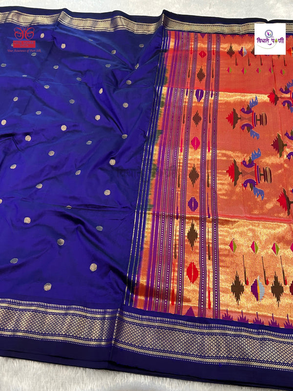 Handloom Pure Silk Double Pallu Paithani Saree - Blue