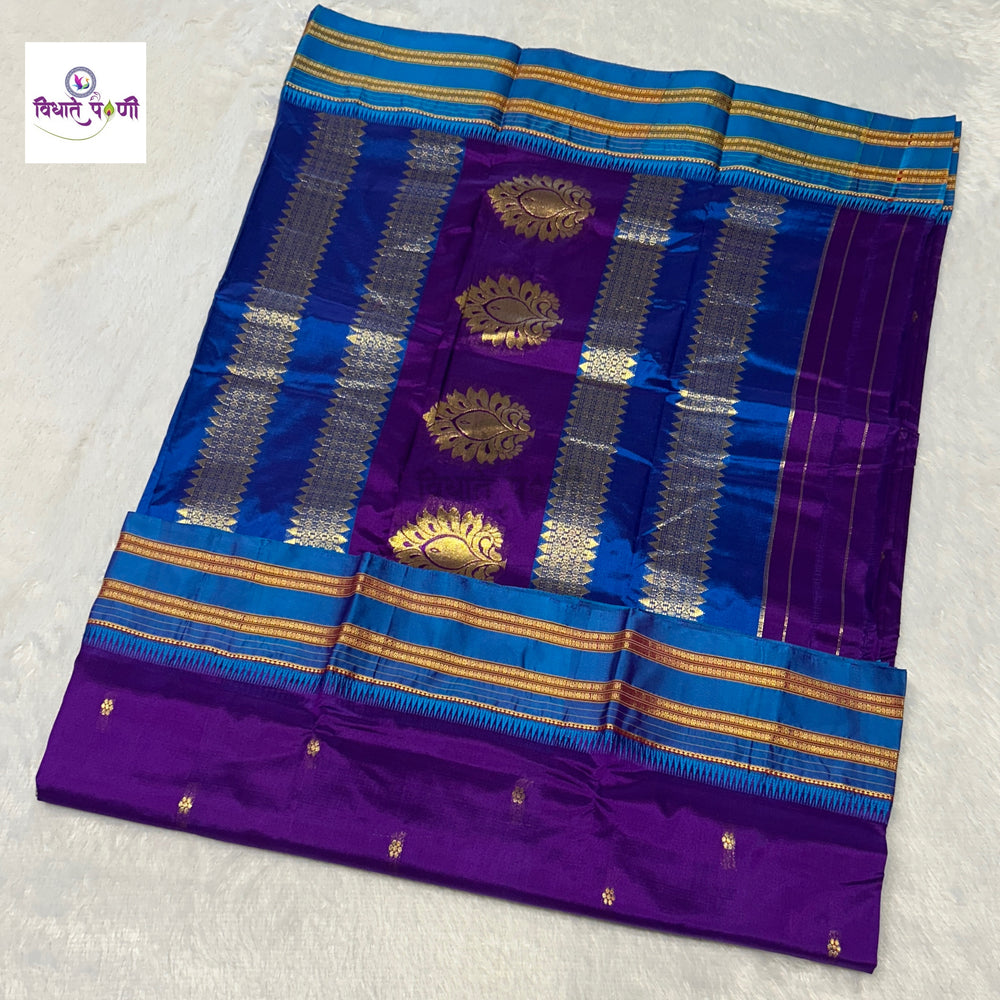 Purple Narayanpeth Single Ply Pure Silk Saree — full saree draped and laid flat — Vidhate Paithani, Yeola