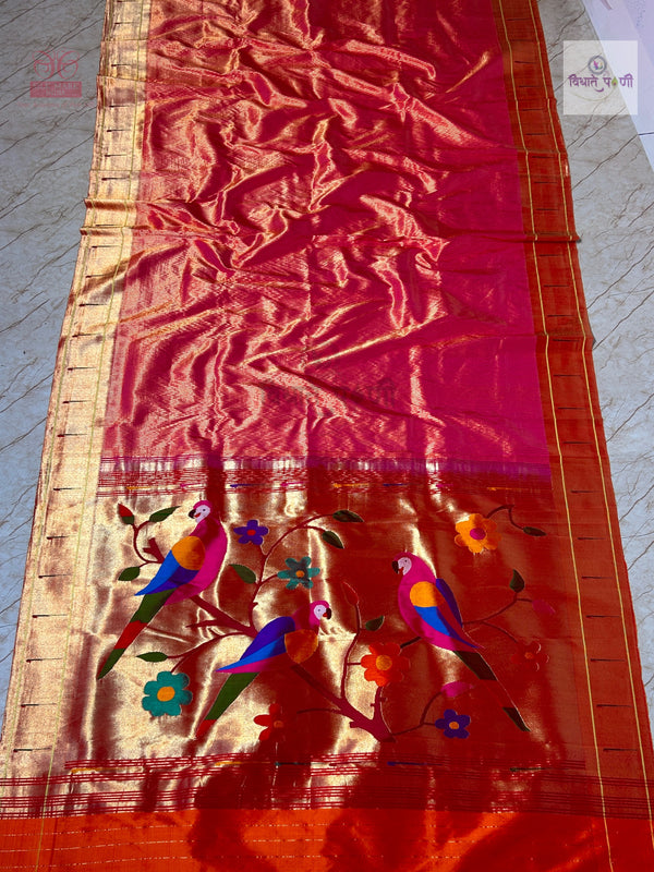 Handloom Pure Silk Single Munia Paithani Saree - Orange — full saree draped and laid flat — Vidhate Paithani, Yeola