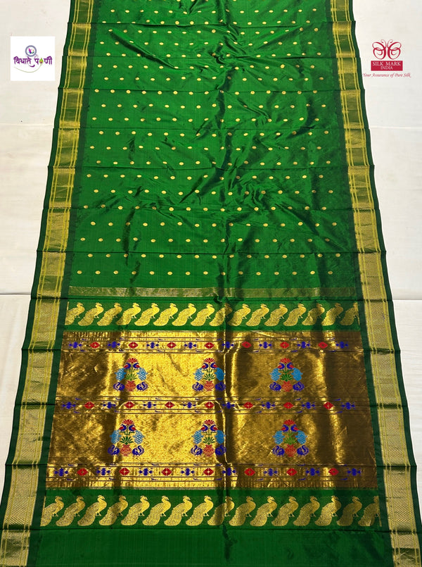 Handloom Pure Silk Kalanjali Paithani Saree- Bottle Green