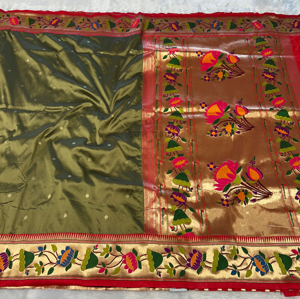 Powerloom Soft Silk Lotus Border Paithani Sarees
