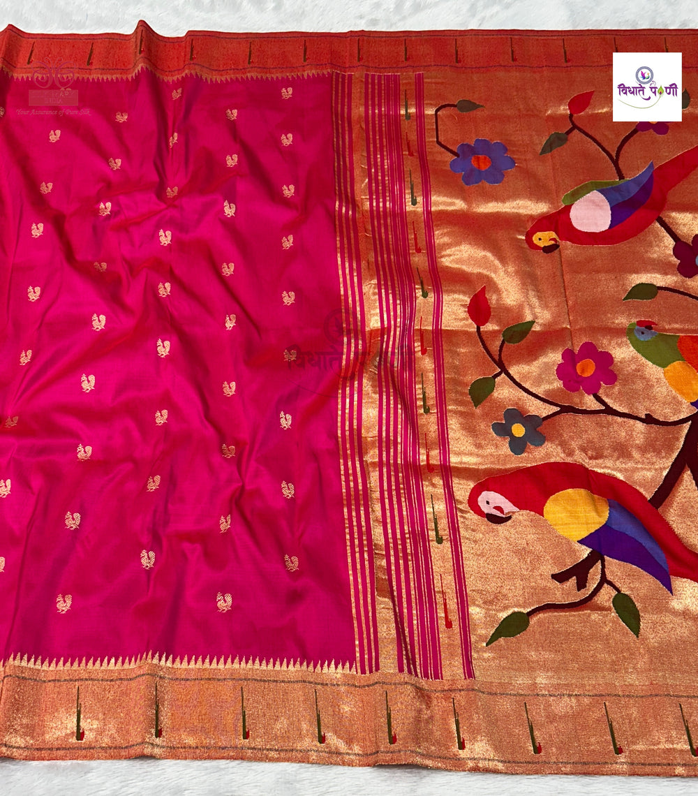 Handloom Pure Silk Single Munia Paithani Saree - Rani Pink