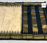 Cream Traditional Pure Silk Irkal Sarees — full saree draped and laid flat — Vidhate Paithani, Yeola