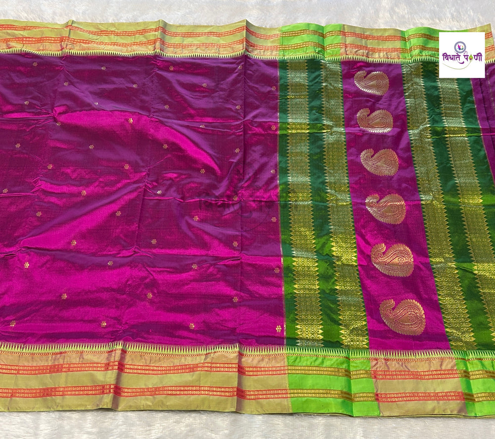 Magenta Narayanpeth single ply pure silk saree with zari buttis and a mango motif pallu
