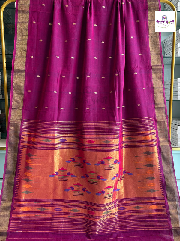 Handloom Pure Cotton Paithani Saree - Double Pallu - Dalimbi