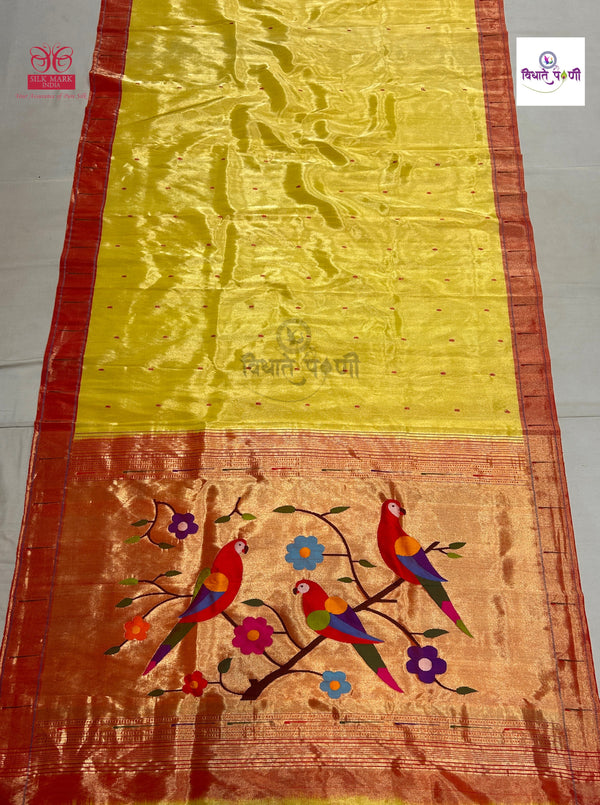 Handloom Pure Tissue Single Munia Paithani Saree- Lemon Yellow