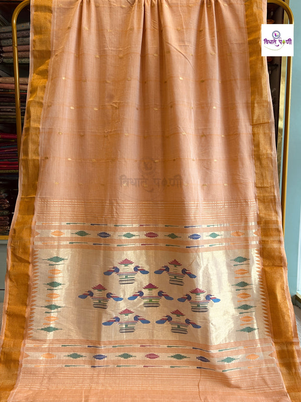 Peach Handloom Pure Cotton Paithani Saree - Double Pallu