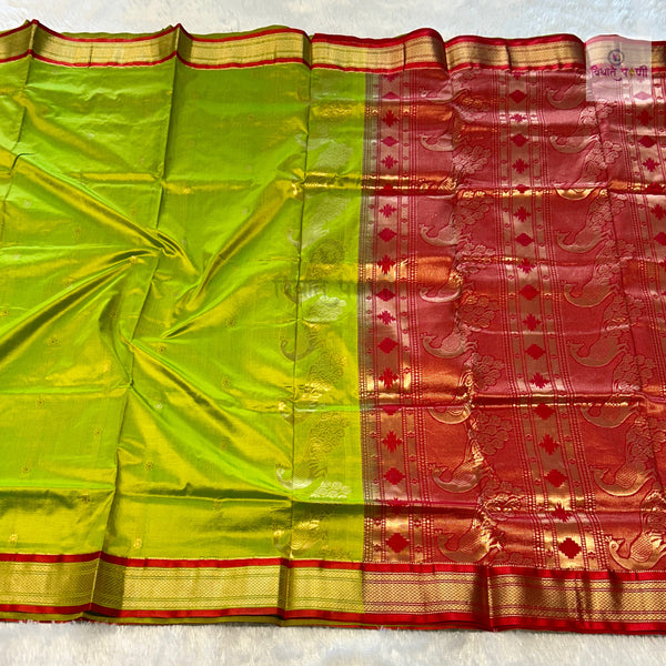 Powerloom Pure Silk Nauvari Paithani Saree- Parrot Green