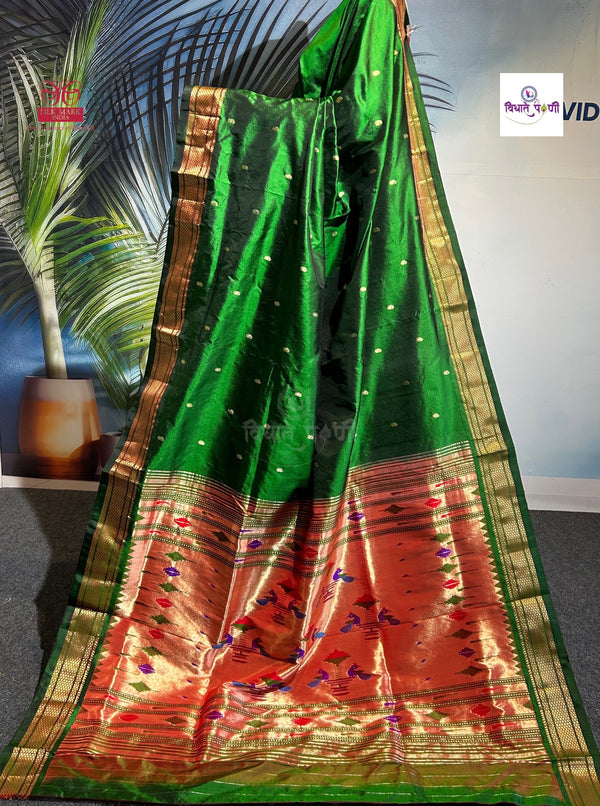 Handloom Pure Silk Double Pallu Paithani Saree - Green