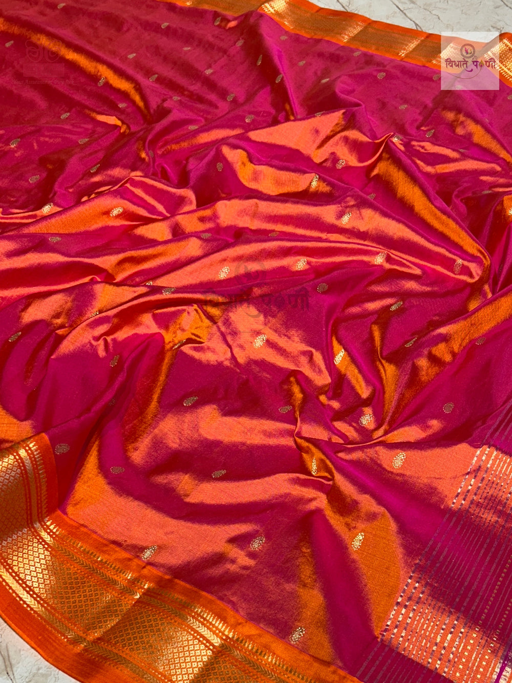 Handloom Pure Silk Double Pallu Paithani Saree – Pink Orange Mix — border close-up — Vidhate Paithani, Yeola