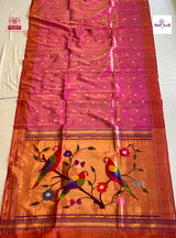 Handloom Pure Tissue Single Munia Paithani Saree - 4 — full saree draped and laid flat — Vidhate Paithani, Yeola