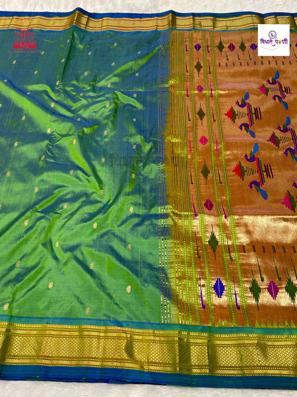Handloom Pure Silk Double Pallu Paithani Saree - SeaGreen