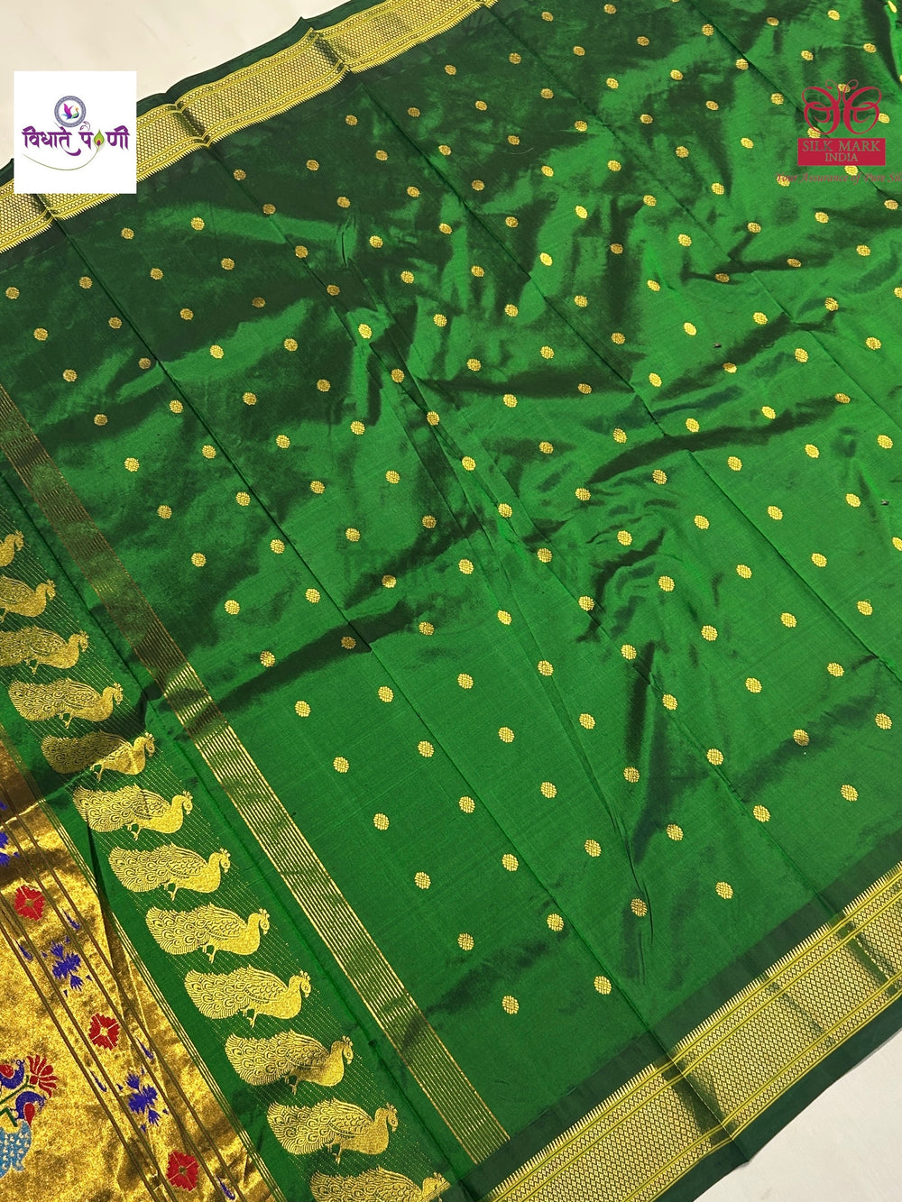 Handloom Pure Silk Kalanjali Paithani Saree- Bottle Green
