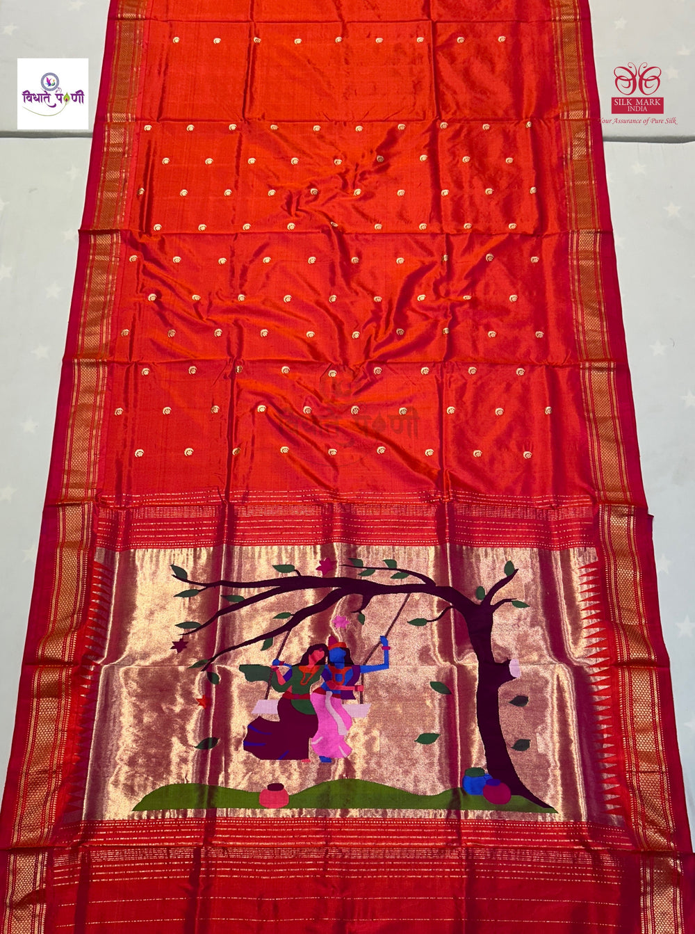 Handloom Pure Silk Chandrakor Butta Paithani Saree - Orange