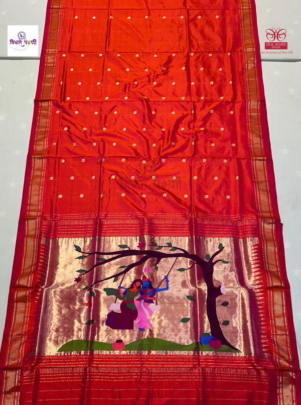 Handloom Pure Silk Chandrakor Butta Paithani Saree - Orange