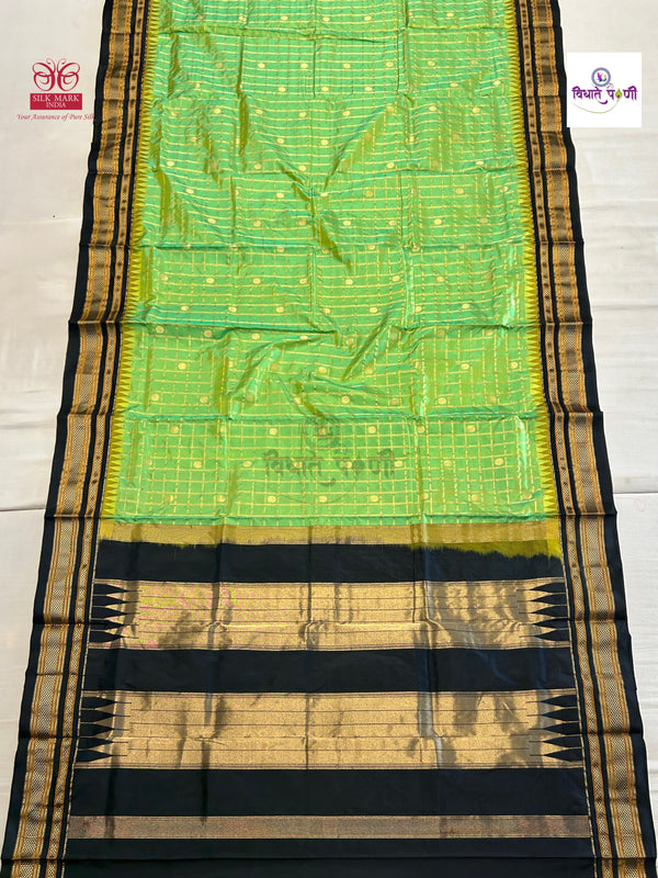 Traditional Irkal Pure Silk Checks Saree- Parrot Green