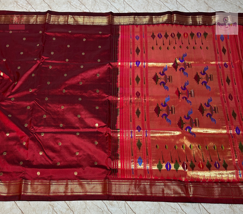 Handloom Pure Silk Double Pallu Paithani Saree - Reddish Maroon