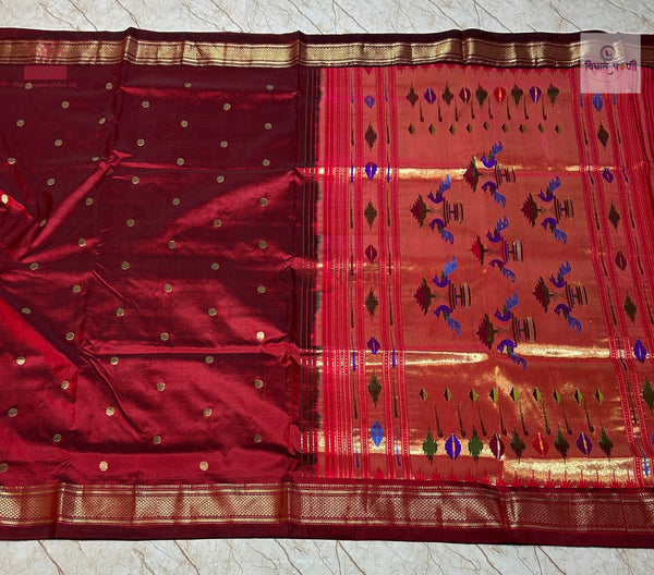 Handloom Pure Silk Double Pallu Paithani Saree - Reddish Maroon