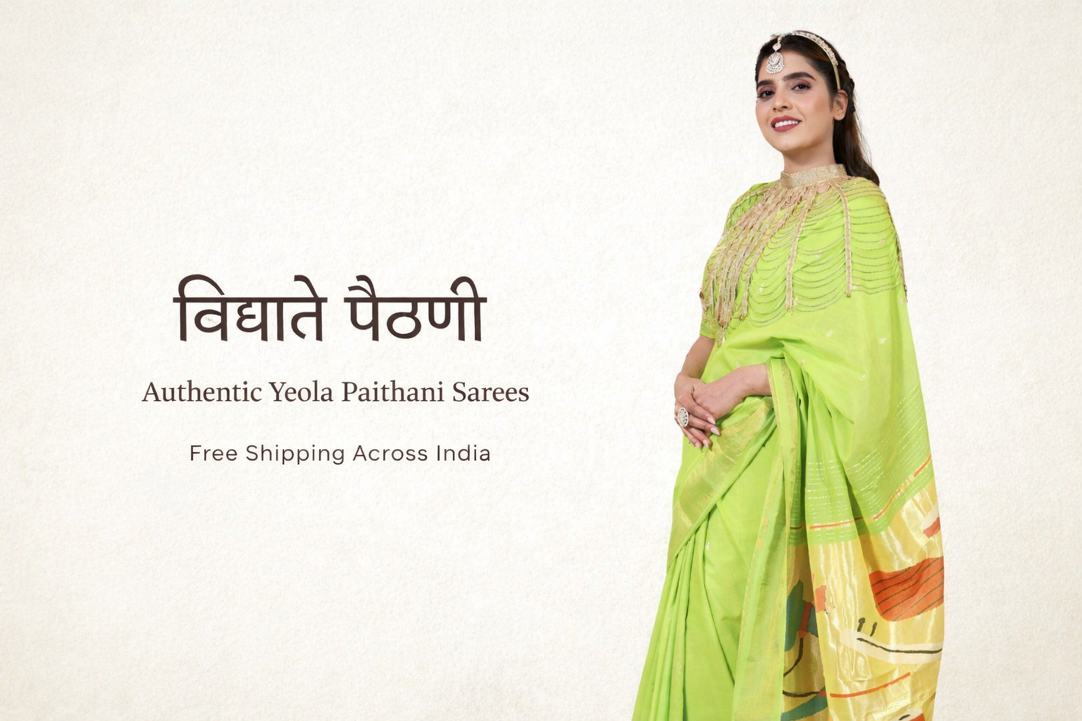 Woman wearing a green saree with text about authentic Yeola Paithani Sarees on a white background