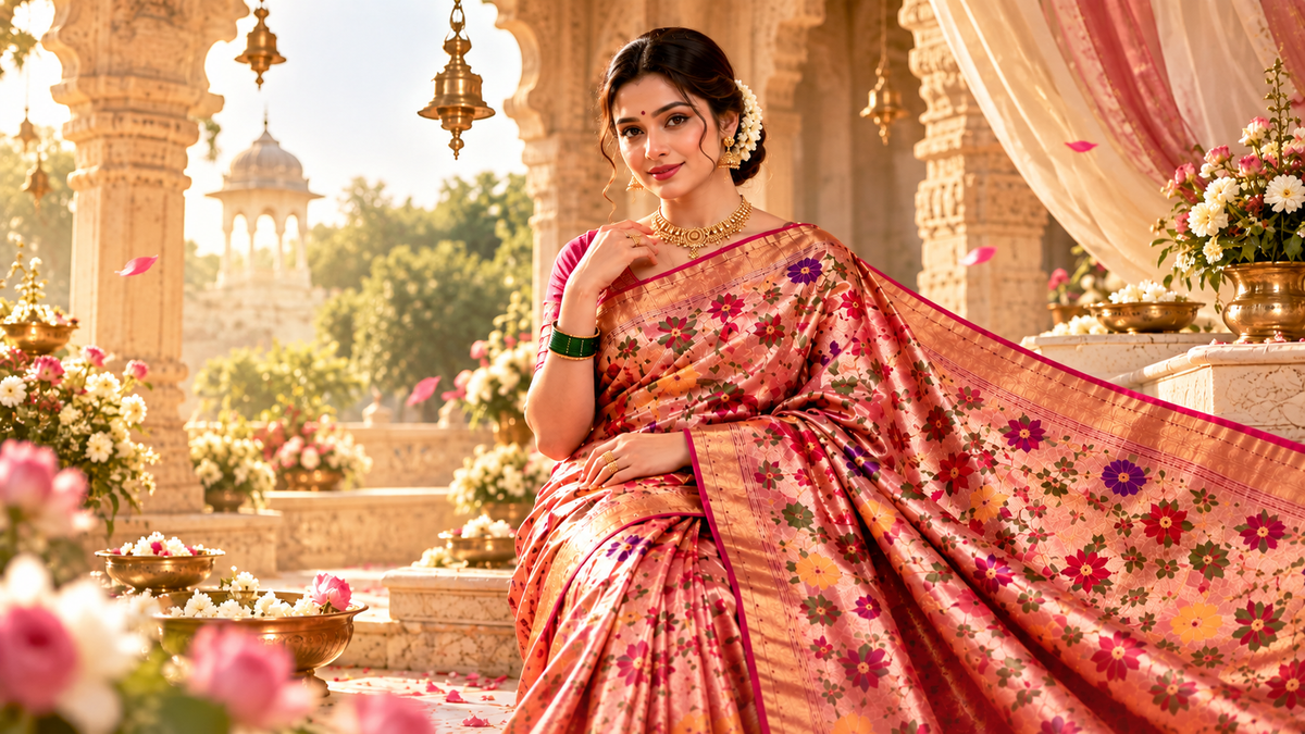 Model wearing a pure silk handloom Paithani saree, woven in Yeola