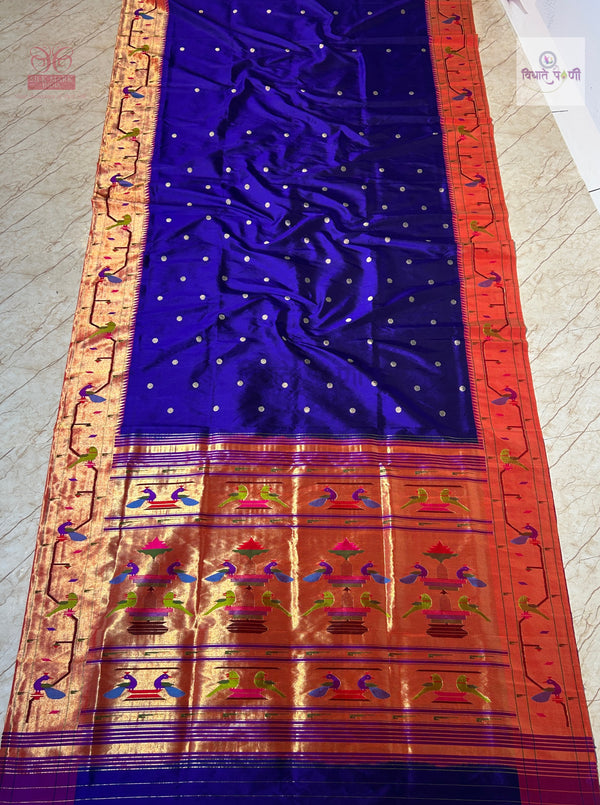 हातमाग शुद्ध रेशमी पैठणी साडी - ब्रोकेड काठ - निळा