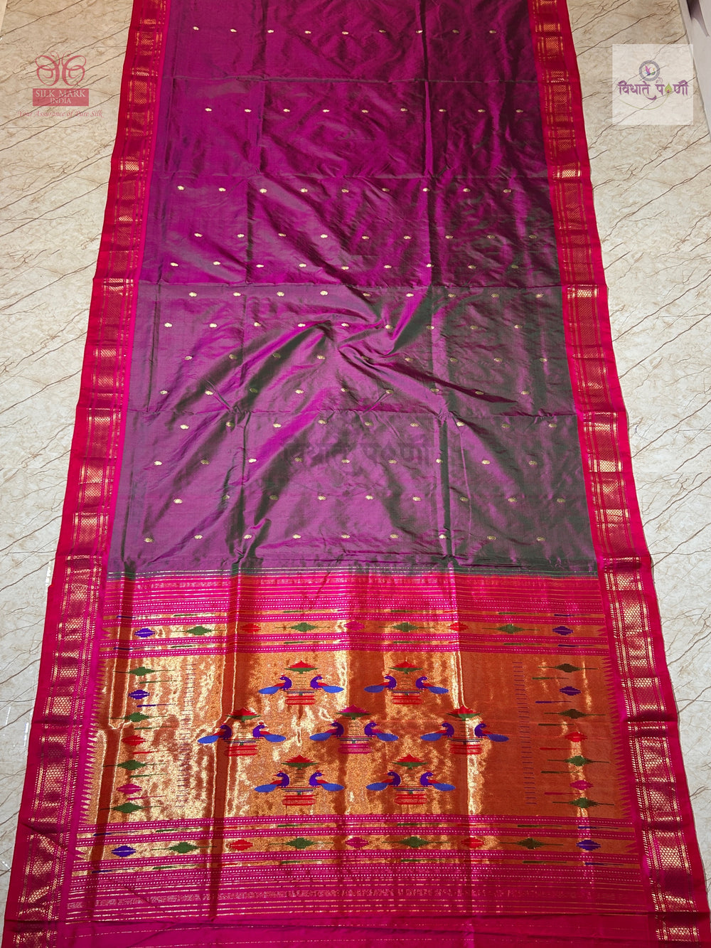 Handloom Pure Silk Double Pallu Paithani Saree - Green & Pink Mix