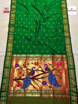 Bottle Green Handloom Pure Silk Chandrakor Butta Paithani Saree — full saree draped and laid flat — Vidhate Paithani, Yeola