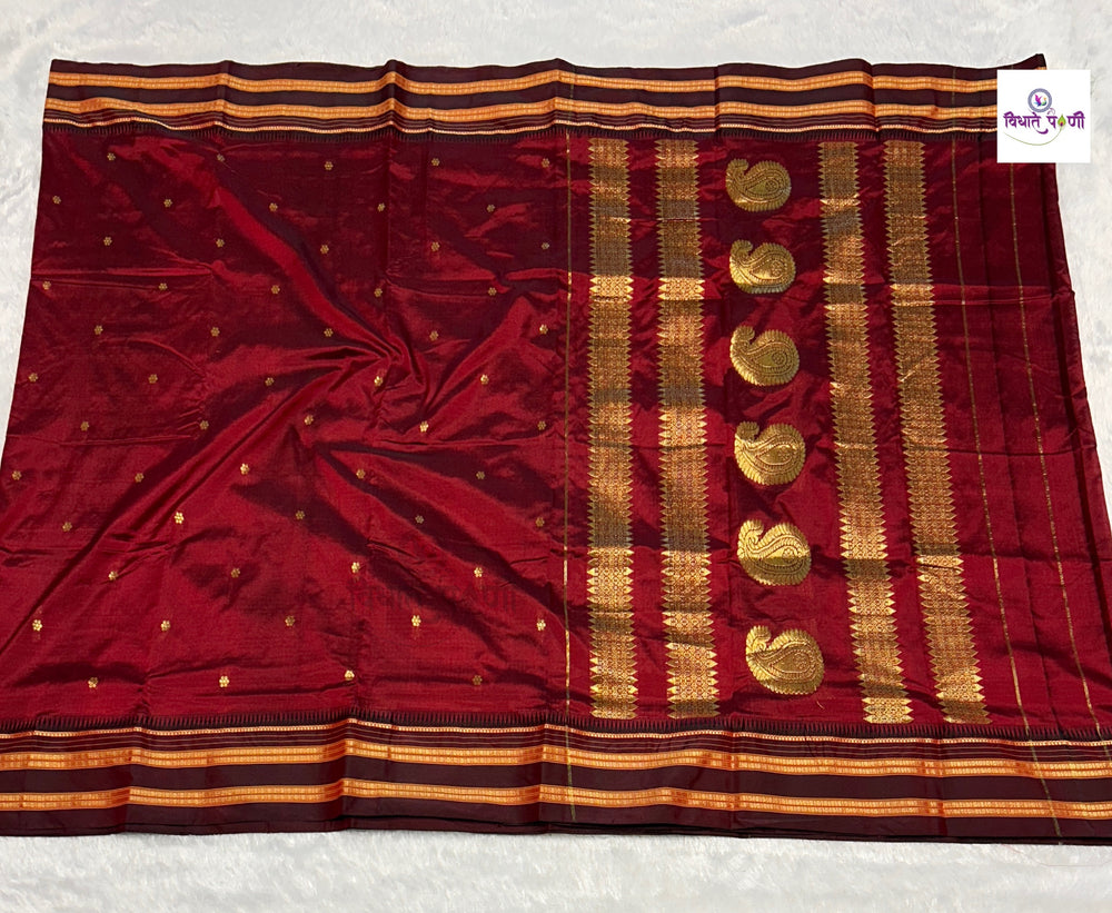 Narayanpeth Single Ply Pure Silk Saree - Reddish Marron — full saree draped and laid flat — Vidhate Paithani, Yeola