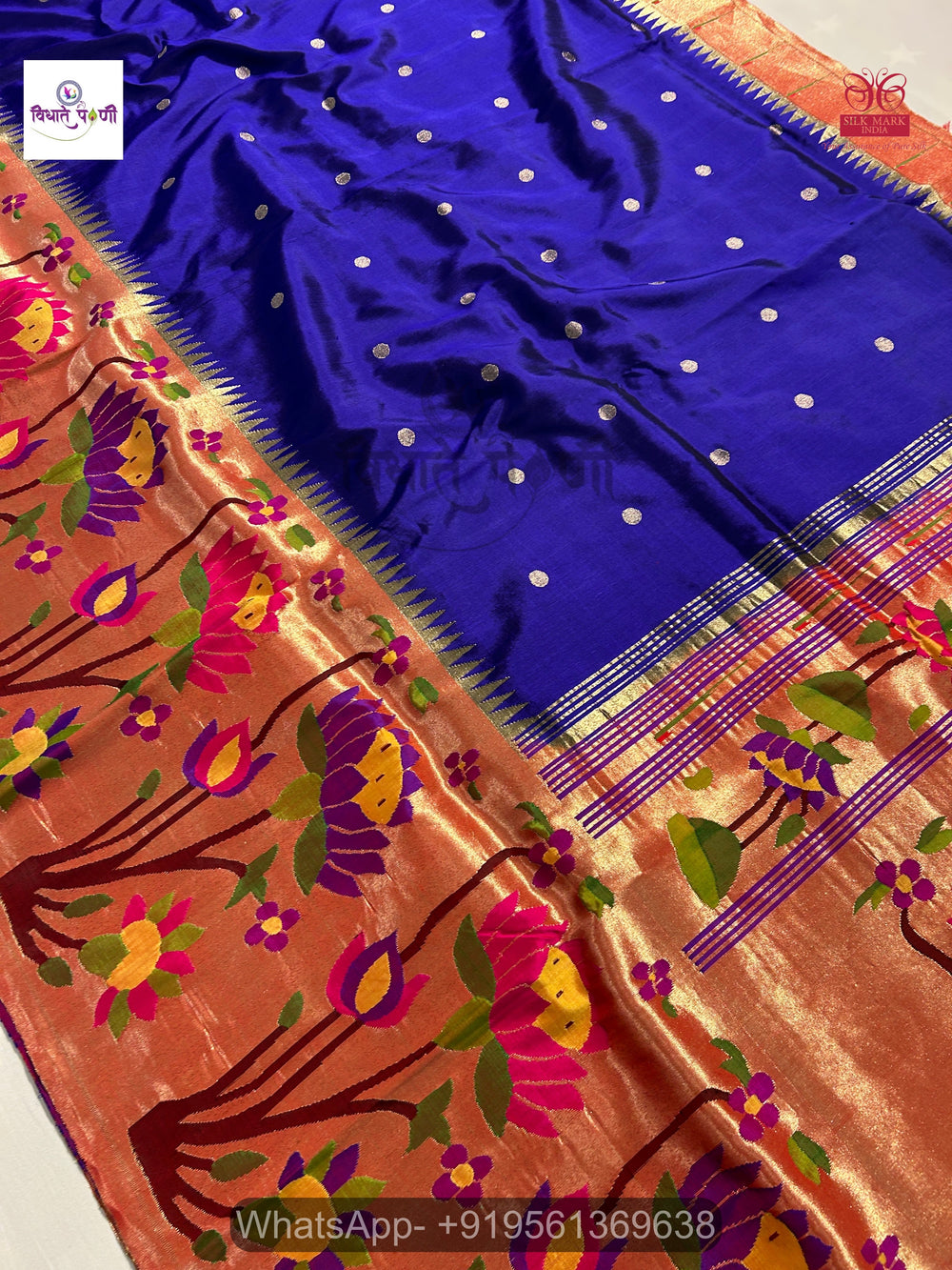 Handloom Pure Silk Half All Over Brocade Paithani Saree- Blue