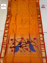 Mango Handloom Pure Silk Chandrakor Butta Paithani Saree — full saree draped and laid flat — Vidhate Paithani, Yeola
