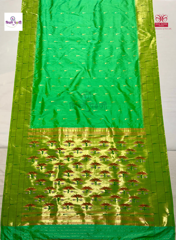 Handloom Pure Silk Triple Munia Border Paithani Saree - Green