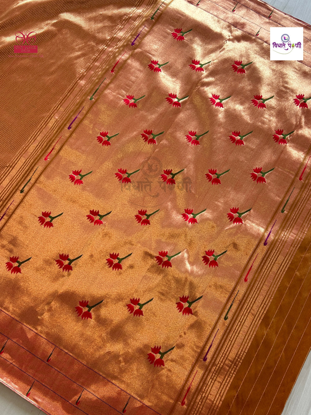 Handloom Pure Silk Triple Munia Border Paithani Saree - Copper