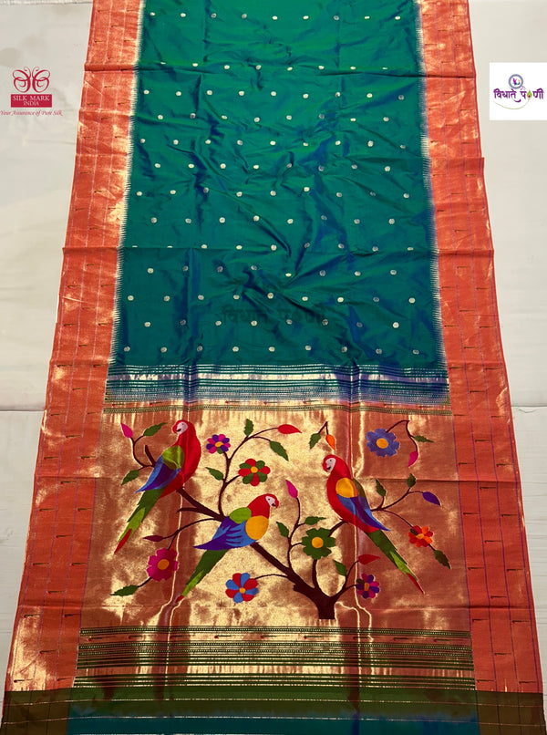 Handloom Pure Silk Triple Munia Border Paithani Saree - Sea Green
