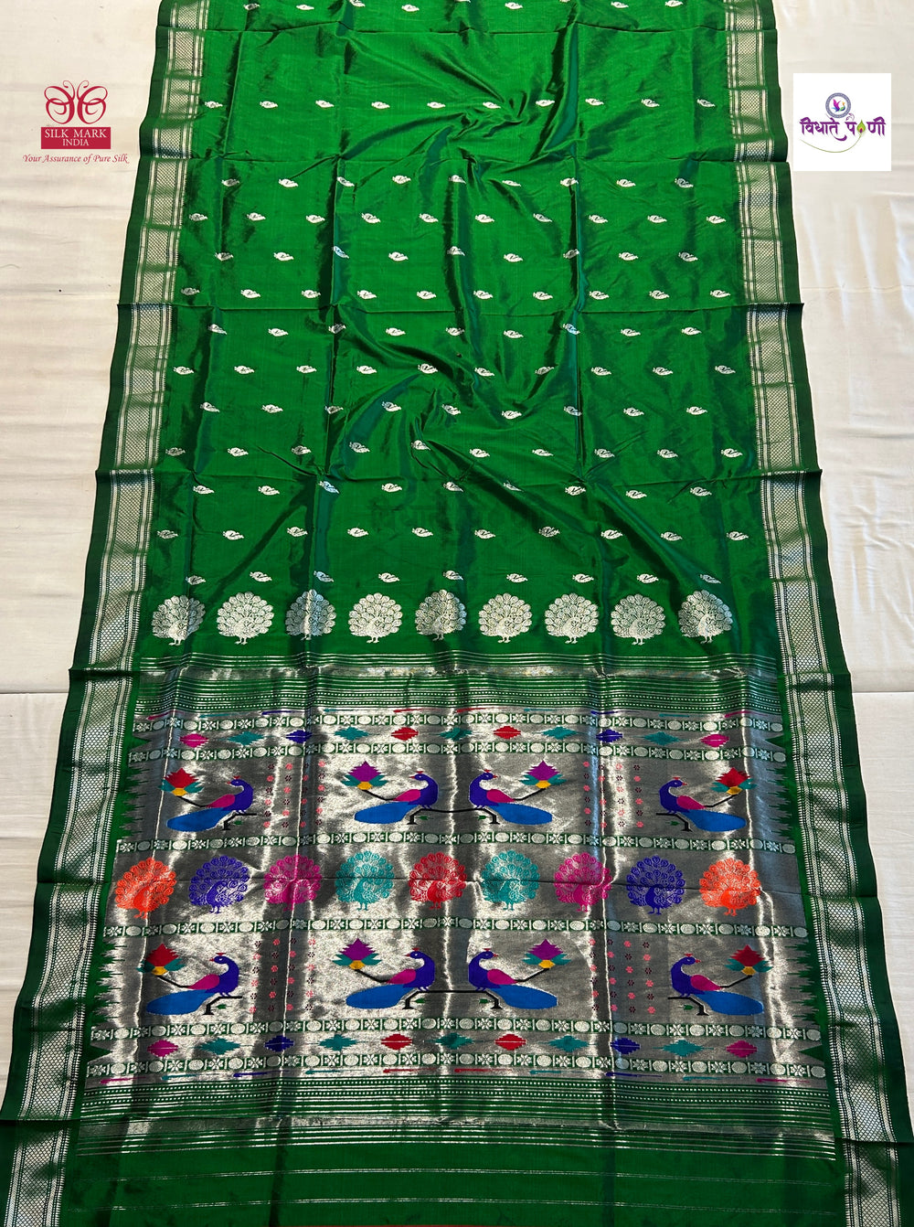 Handloom Pure Silk Silver Zari Paithani - Designer Pallu - Green