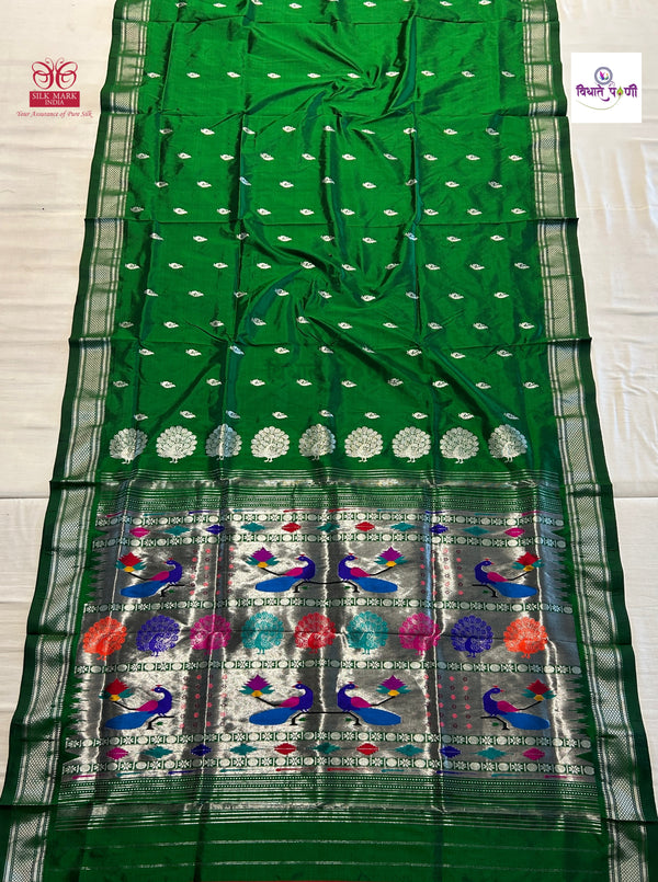 Handloom Pure Silk Silver Zari Paithani - Designer Pallu - Green