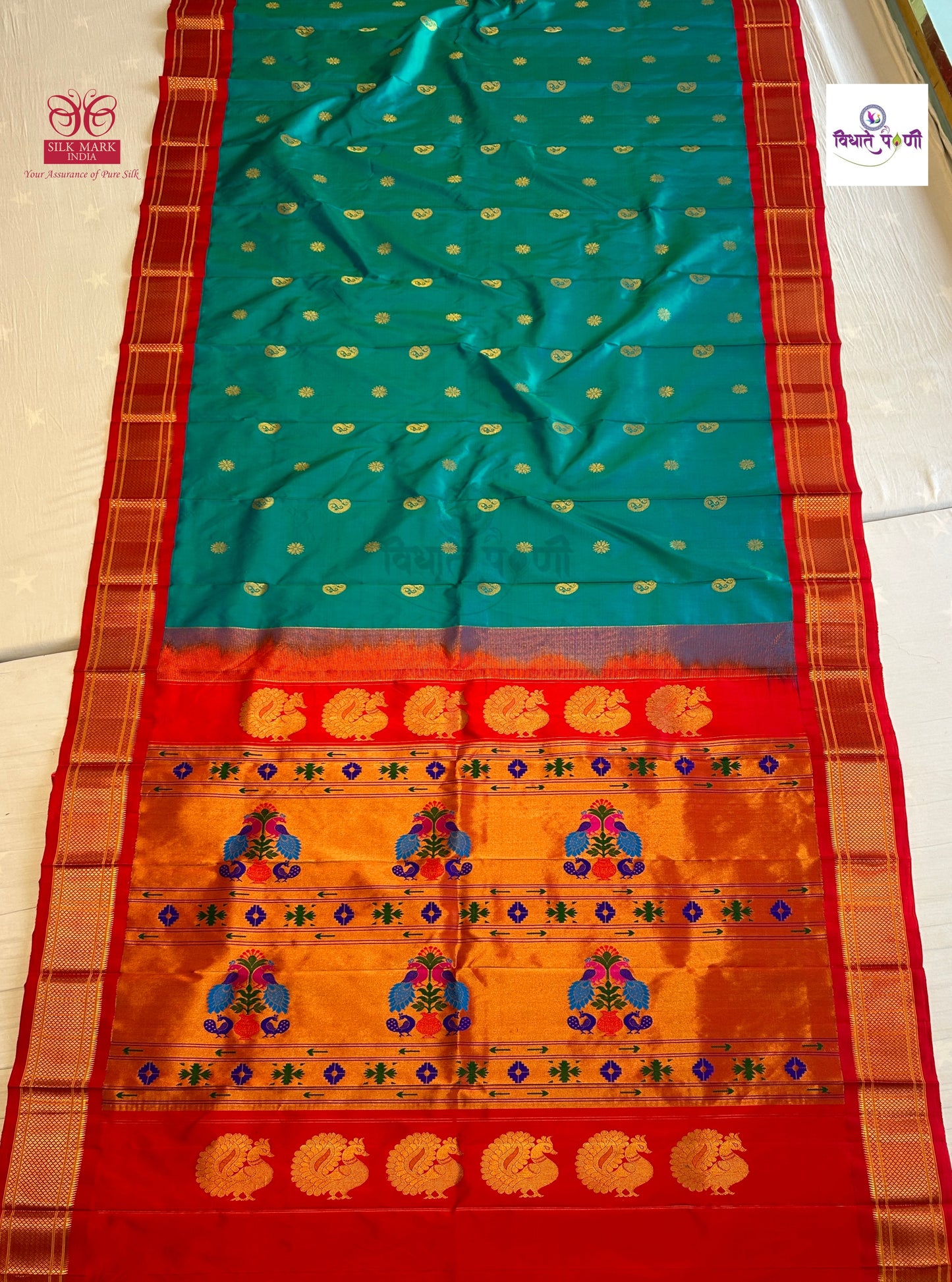 Handloom Pure Silk Maharani Paithani Saree- SeaGreen