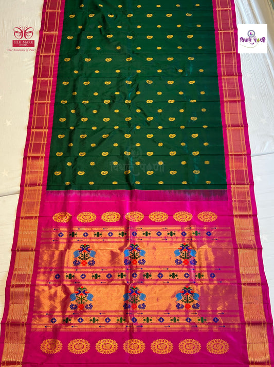 Handloom Pure Silk Maharani Paithani Saree- BottleGreen