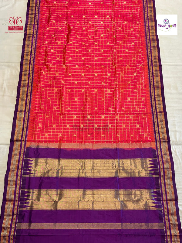 Traditional Irkal Pure Silk Checks Saree- Rani Pink