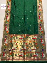 Soft Silk Lotus- Swan Paithani Saree- Bottle Green