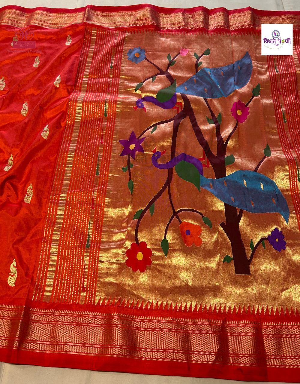 Handloom Pure Silk Designer Pallu Paithani- 9 Yard Orange