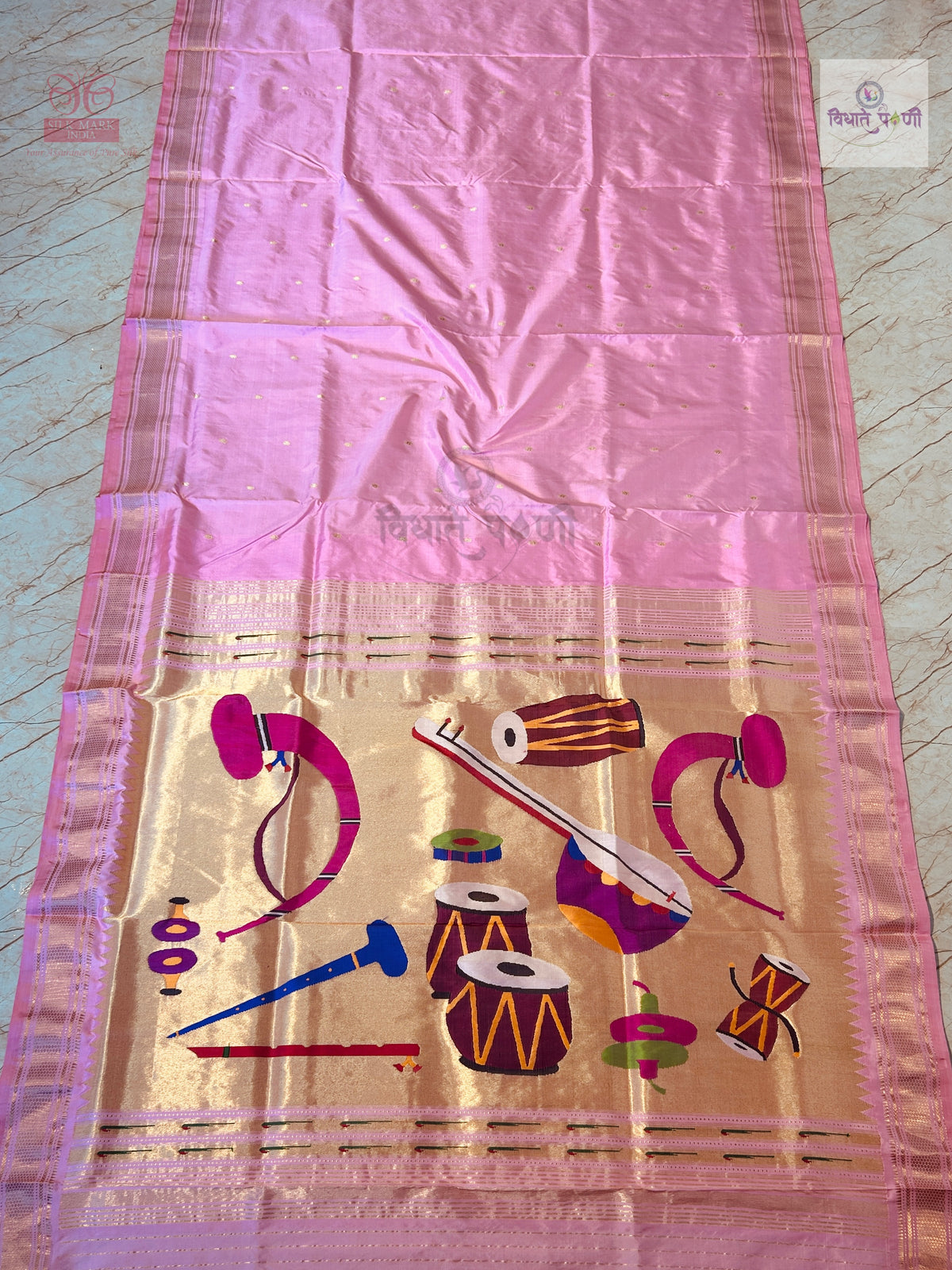 Handloom Pure Silk Designer Pallu Paithani Saree- Instrumental Pallu — full saree draped and laid flat — Vidhate Paithani, Yeola