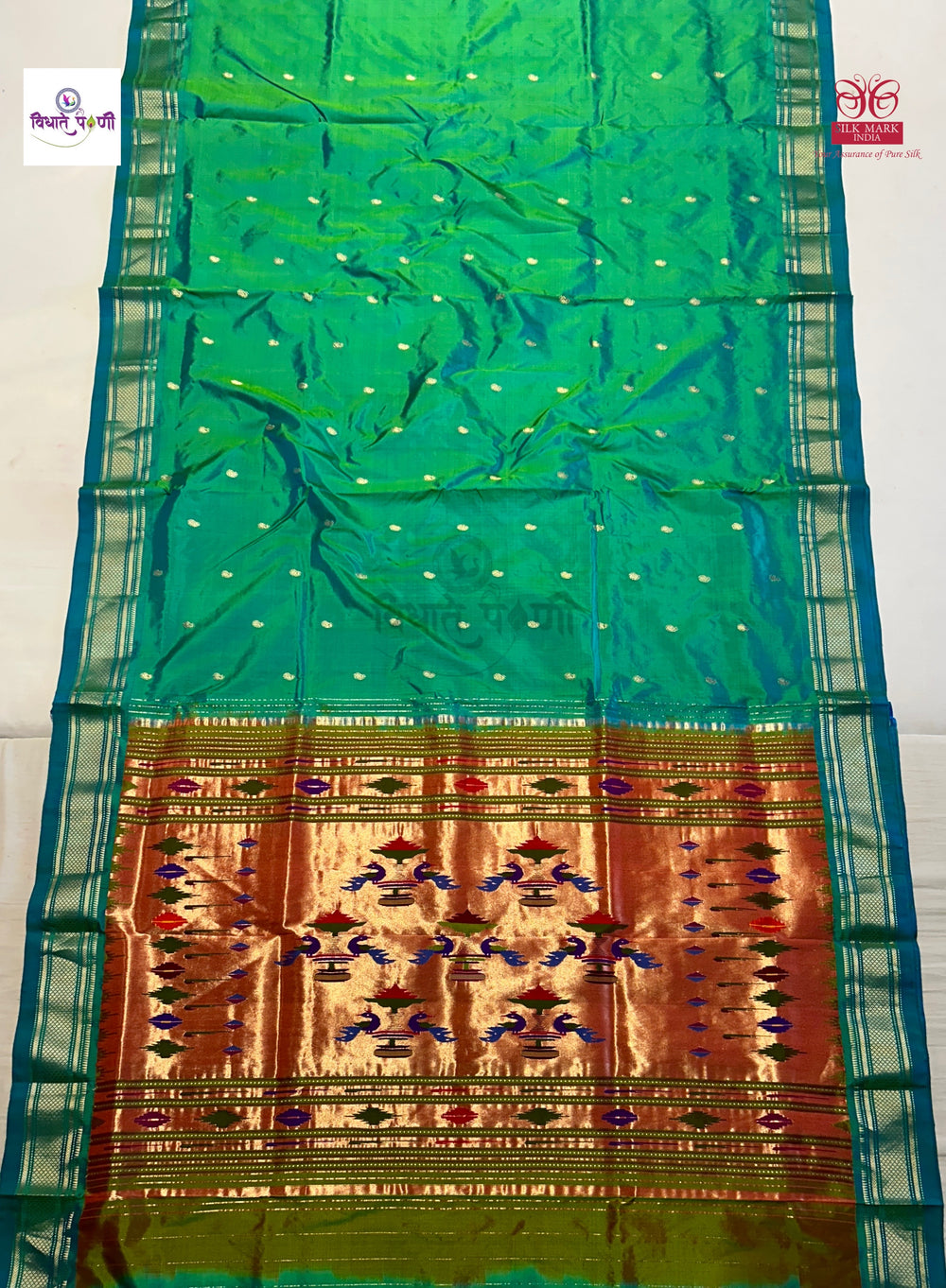 Handloom Pure Silk Double Pallu Paithani Saree - Sea Green