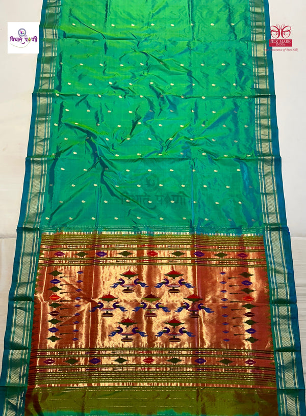 Handloom Pure Silk Double Pallu Paithani Saree - Sea Green